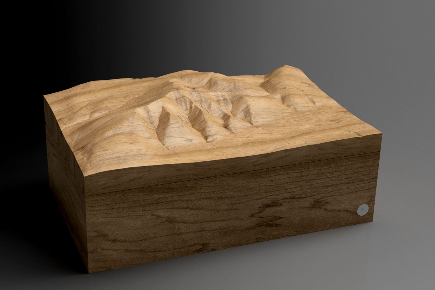 Handcrafted oak box of Blencathra showcasing intricate mountain details and the beauty of the Lake District.