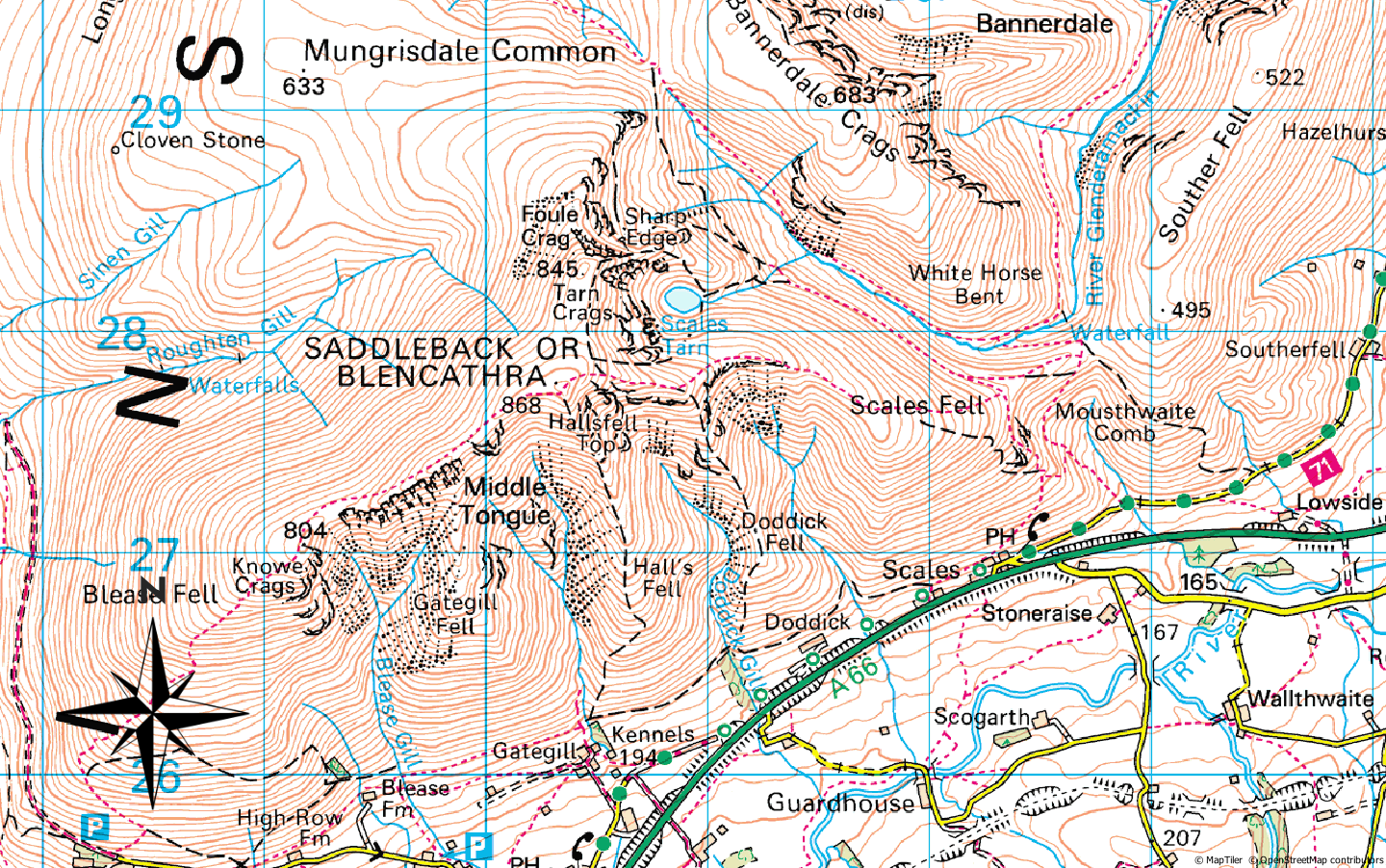 Map showing Blencathra in the Lake District, highlighting 'Sharp Edge' and surrounding features.